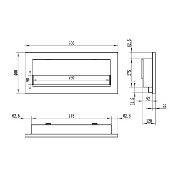 Wand-Biokamin mit Glas 900x400 SLIM – schwarz, strukturiert matt