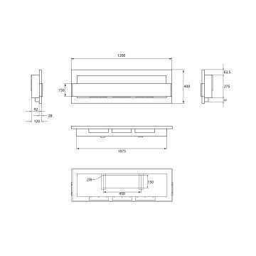 Wand-Biokamin mit Glas 1200x400 schwarz Hochglanz